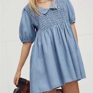 Free People Paige Denim Mini Dress Smocked Chambray Size Small